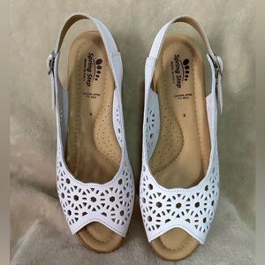 Spring Step Women’s White Slingback Peep-Toe Wedge Sandals